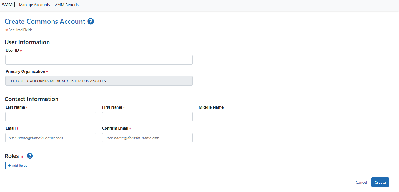 Screenshot of the Create Commons Account screen